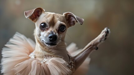Charming Dog Performing Graceful Ballet Pirouette in Tutu Costume