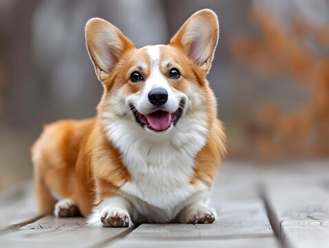 Cheerful Corgi Puppy with Playful Personality and Fluffy Appearance Captured in Close up Portrait against Natural Backdrop