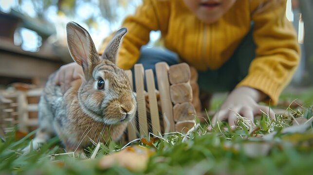 Child Guiding Pet Rabbit Through Handcrafted Backyard Obstacle Course