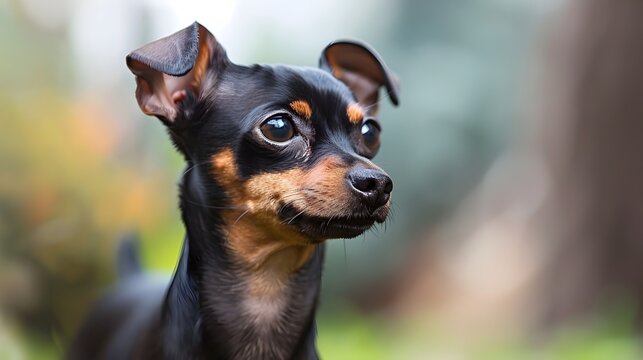 Close up of Fearless and Energetic Miniature Pinscher Breed Standing Tall