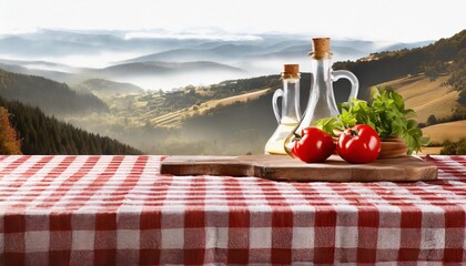 classic italian cooking template blank table with a red checked tablecloth isolated on a...