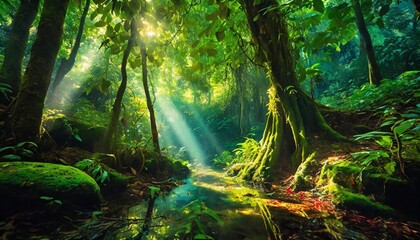 vibrant panoramic scenery of illuminated foliage in a lush green forest with vibrant colors and rays of sunlight