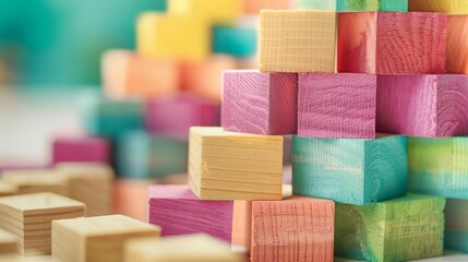 Spectrum of stacked multi-colored wooden blocks. Background or cover for something creative, diverse, expanding,  rising or growing.