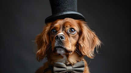 Formally Dressed Canine Ready for an Elegant Occasion Close Up Portrait of a Dog Wearing a Bow Tie and Top Hat