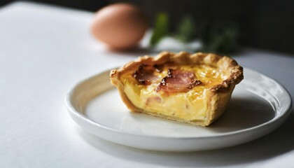 quiche lorraine pie with beechwood smoked bacon creamy cheddar cheese and free range egg in shortcrust pastry on a white plate and modern white background banner with copy space