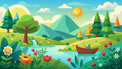  sun-forest-fields-lake-flowers-boat vector illustration 