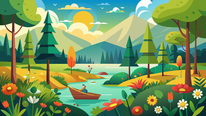  sun-forest-fields-lake-flowers-boat vector illustration 
