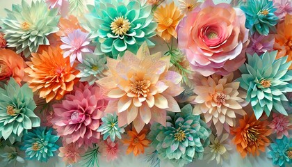 Obraz na płótnie Canvas 3d render digital illustration colorful paper flowers wallpaper spring summer background floral bouquet isolated on white vibrant colors mint pink orange yellow