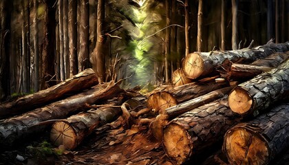 cut the tree and wooden trunks from the forest - obrazy, fototapety, plakaty