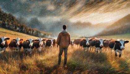a man standing in a field with a herd of cows ai generated illustration