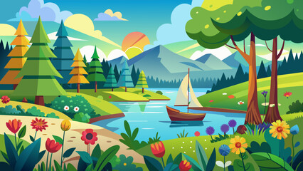  sun-forest-fields-lake-flowers-boat vector illustration 