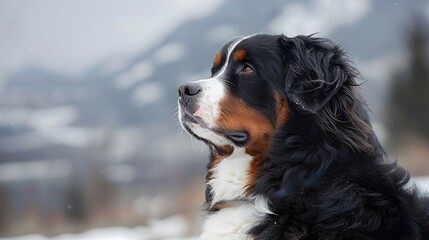 Majestic Bernese Mountain Dog Exploring Rugged Mountain Terrain in Picturesque Snowy Landscape