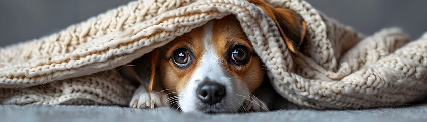 Playful Puppy Peeking Out from Cozy Blanket Eyes Wide with Anticipation