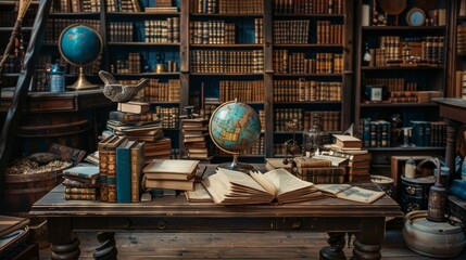 Antique Study Room with Globe and Stacked Books Conveying Historical Knowledge and Exploration - obrazy, fototapety, plakaty