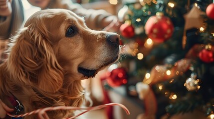 Playful Pup Entangled in Christmas Decor Festive Canine Companion Explores Holiday Home