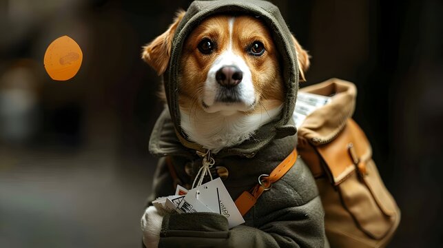 Portrait of a Canine Courier Dressed in a Mail Carrier s Uniform Carrying a Tiny Bag of Letters