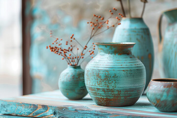 Verdigris ceramic vases on a shelf. Background image. Created with Generative AI technology. - obrazy, fototapety, plakaty