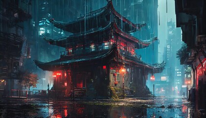 cyberpunk temple japanese abstract illustration futuristic city dystoptic artwork at night 4k wallpaper rain moody empty future