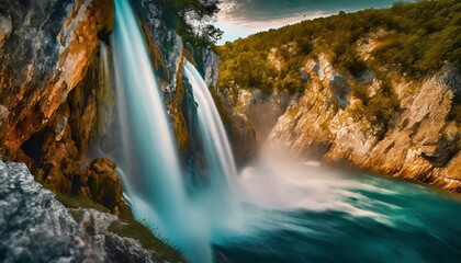 waterfall crashing down cliff face in croatia