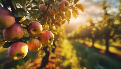 fruit farm with apple trees branch with natural apples on blurred background of apple orchard in...