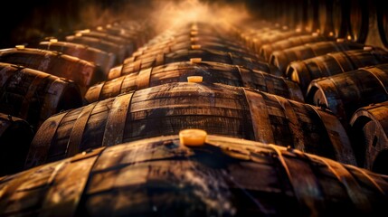 Whiskey, bourbon, scotch barrels in an aging facility. Hand edited, based.   - obrazy, fototapety, plakaty