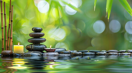 A serene and peaceful image featuring candles, stacked stones, and gentle reflections on water highlighting a calming atmosphere