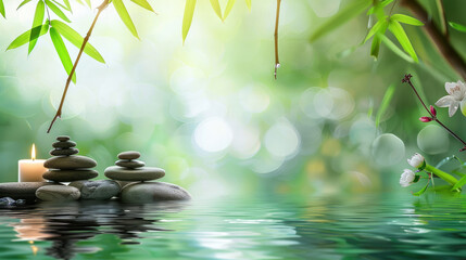 An inviting scene of bamboo, delicate orchids, and Zen stones set against a dappled water surface