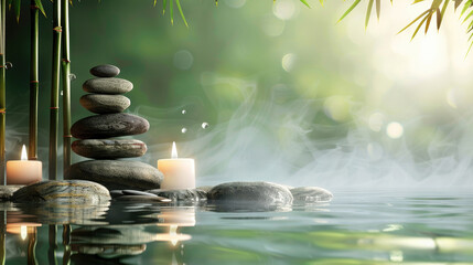This is an image of calming Zen stones stacked beside burning candles on rocky surface with water and bamboo