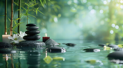 Atmospheric shot of dark Zen stones in a tall stack next to red and white candles, water, and bamboo leaves