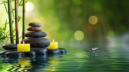 Obraz na płótnie Canvas An arrangement of Zen stones and candles in a water setting conveying a peaceful and meditative atmosphere