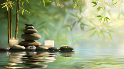 Naklejka premium Image portraying balance and calm with Zen stones, soft candlelight, and gentle water ripples near bamboo leaves