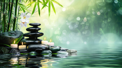 Calm Zen stones set in perfect harmony among flickering candles and fresh bamboo in a reflective water scene