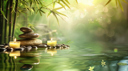 Peaceful Zen stone stack and lit candles beautifully placed by water's edge, enhanced by bamboo and...