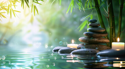 Serene images of stacked stones, soft candlelight, bamboo, and gentle water embody peaceful...