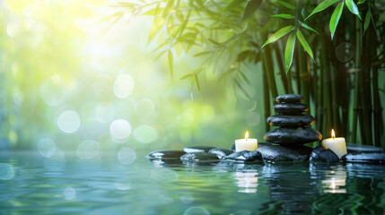 Peaceful and relaxing visual of a stack of Zen stones with candles by the water, symbolizing harmony and balance in nature