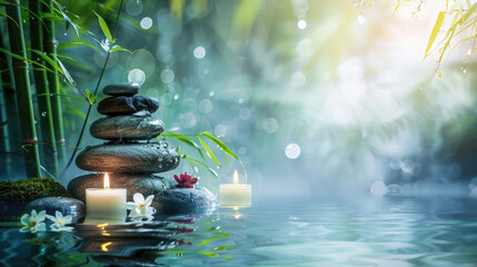 Obraz na płótnie Canvas Calm and soothing image featuring stacked Zen stones and floating candles with water reflection, evoking a sense of relaxation