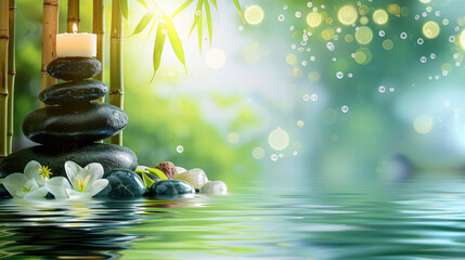 Serene setting of stones, white flowers, candles, and bamboo reflected in water