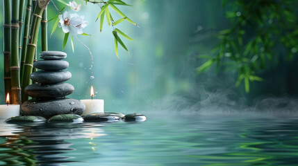 Obraz na płótnie Canvas This image captures Zen stones with a delicate orchid and candles on water, embodying relaxation and serene spa concepts