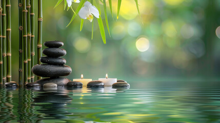 A tranquil spa setting with stacked stones, candles, bamboo, and a white orchid, ideal for relaxation and meditation