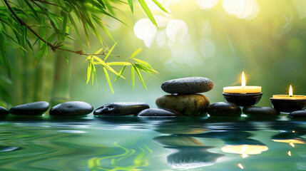 A peaceful depiction of a zen garden with stacked smooth stones, green bamboo leaves, and candle light reflecting on water surface