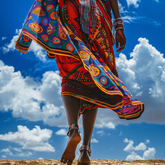 Beautiful, strong and proud Masai woman in her traditional outfir standing against blue sku on sunny day