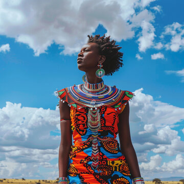 Beautiful, strong and proud Masai woman in her traditional outfir standing against blue sku on sunny day