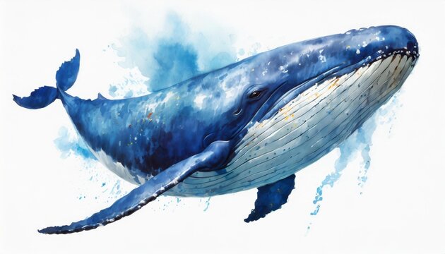 watercolor blue whale hand painted indigo color illustration isolated on white background cute cartoon underwater animal art