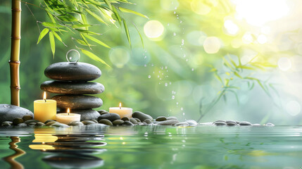 Image features a serene scene of stacked stones and lit candles beside a bamboo grove, embodying...