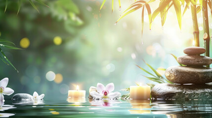 Calm water scene featuring stacked zen stones, candles, and floating flowers against a bamboo...