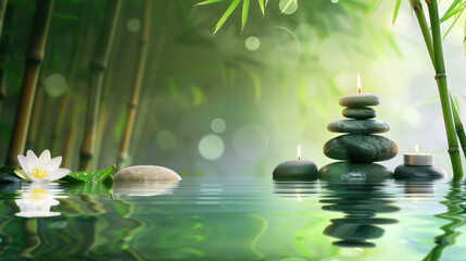 Calm and serene setting featuring zen stones stacked with candles by tranquil water and green bamboo
