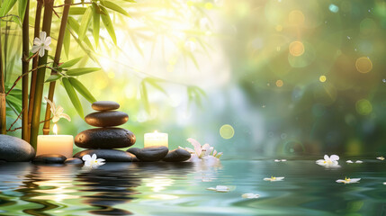 Calming visual of a Zen setting with stacked stones, lit candles, and flowers gently floating on...