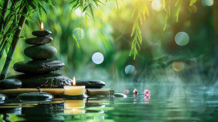 Stack of balanced stones in shallow water with ambient candlelight conveying a tranquil, meditative atmosphere