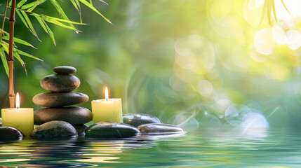 Calming composition with zen stones, candles, and reflective water bordered by lush bamboo