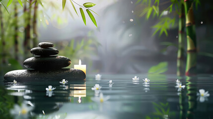 Calm scene with stacked zen stones, lit candles, and bamboo over a reflective water surface elegantly captured